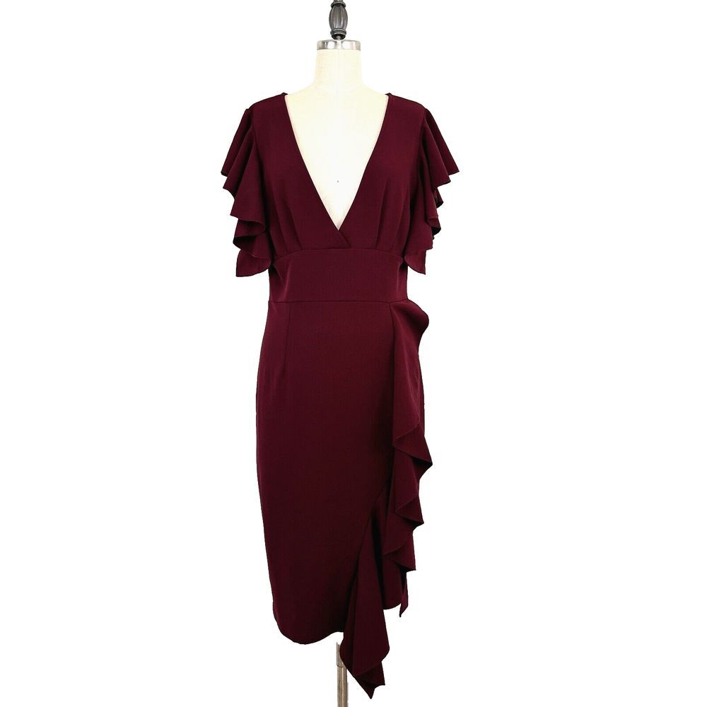 KNITEE Midi Sheath Dress L Burgundy Red‎ Ruffle Flutter Sleeve V Neck Side Slit